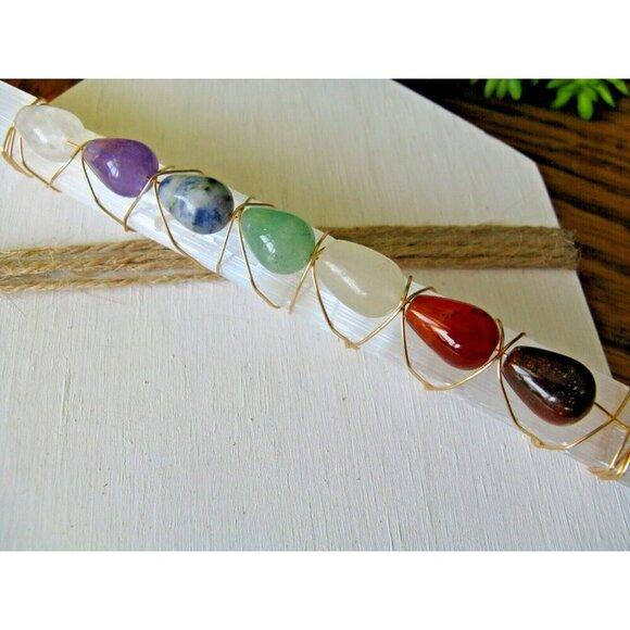 New Natural Shimmer Frosty Selenite Crystal Wand with Natural Chakra Gemstones - Picture 4 of 12